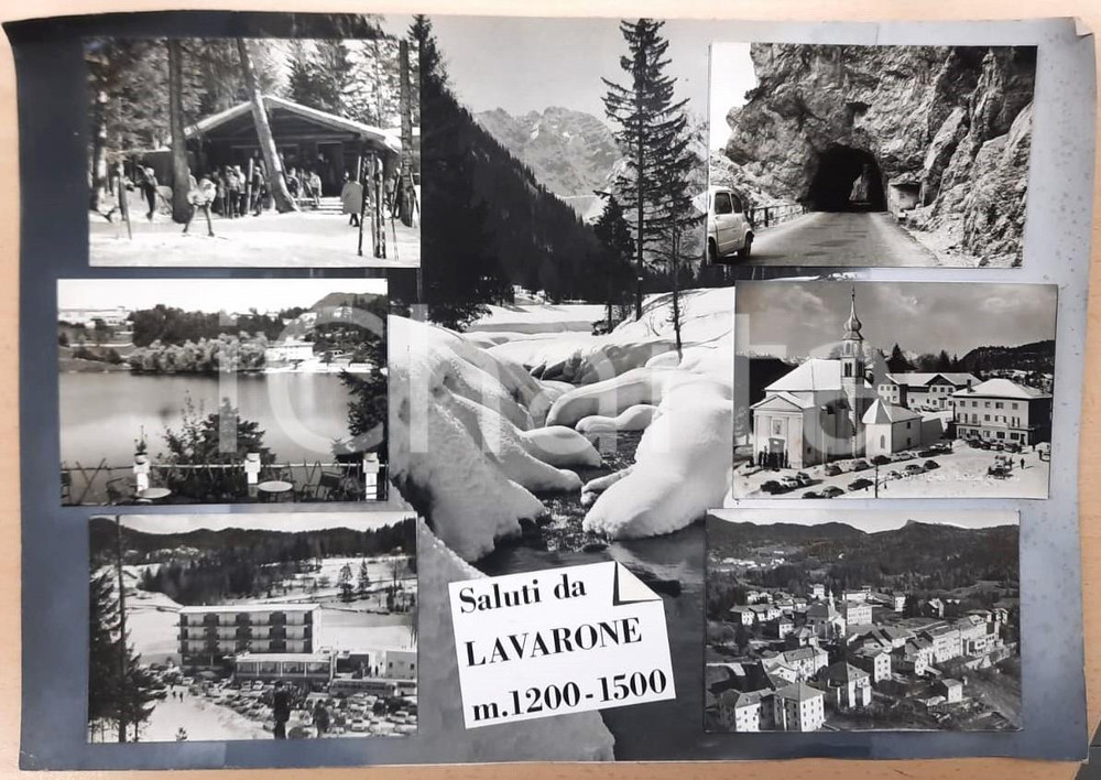 1960 ca LAVARONE Vedutine con sciatori - Bozzetto preparatorio cartolina 60x45 Bozzetto preparatorio per cartolina postale.Collage su cartoncino flessibile.  POOR/danneggiato Macchie diffuse, piegature e gualciture agli angoli FORMATO: 60x45 cm originale e autentica 1