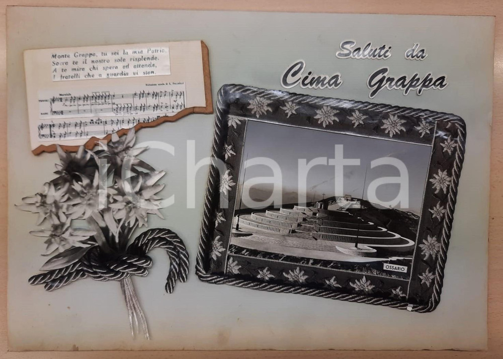 1950 ca CRESPANO DEL GRAPPA Cima Grappa - Bozzetto preparatorio cartolina 45x32 Bozzetto preparatorio per cartolina postale.Collage su cartoncino pressato.  FAIR/discreto Ingialliture, lievi smussature agli angoli FORMATO: 45x32  cm originale e autentica 1