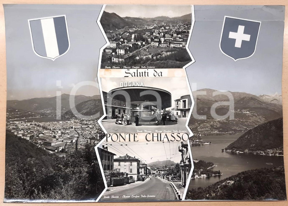 1950 ca COMO - PONTE CHIASSO Vedutine e dogana *Bozzetto preparatorio cartolina Bozzetto preparatorio per cartolina postale.Collage su cartoncino flessibile.  POOR/danneggiato Profonde piegature all'angolo superiore destro FORMATO: 45x32  cm originale e autentica 1
