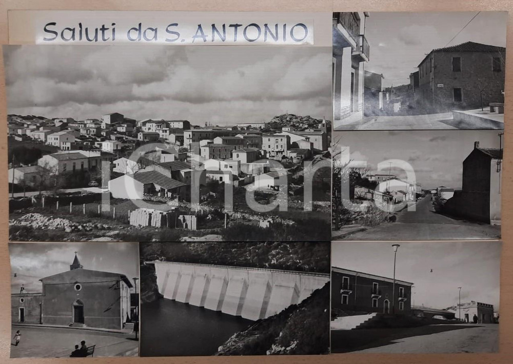 1955 ca SANT'ANTONIO DI GALLURA Vedutine e diga *Bozzetto preparatorio cartolina Bozzetto preparatorio per cartolina postale.Collage su cartoncino flessibile.  FAIR/discreto Lievi smussature agli angoli FORMATO: 43x30  cm originale e autentica 1