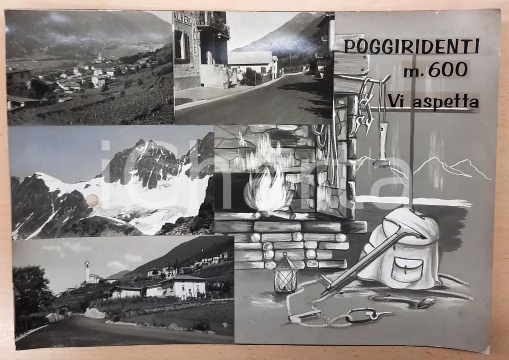 1960 ca POGGIRIDENTI Vedutine con Albergo Alpe - Bozzetto preparatorio cartolina Bozzetto preparatorio per cartolina postale.Collage su cartoncino flessibile.  FAIR/discreto Gualciture ai margini, macchia e piccola abrasione al recto FORMATO: 44x31 cm originale e autentica 1