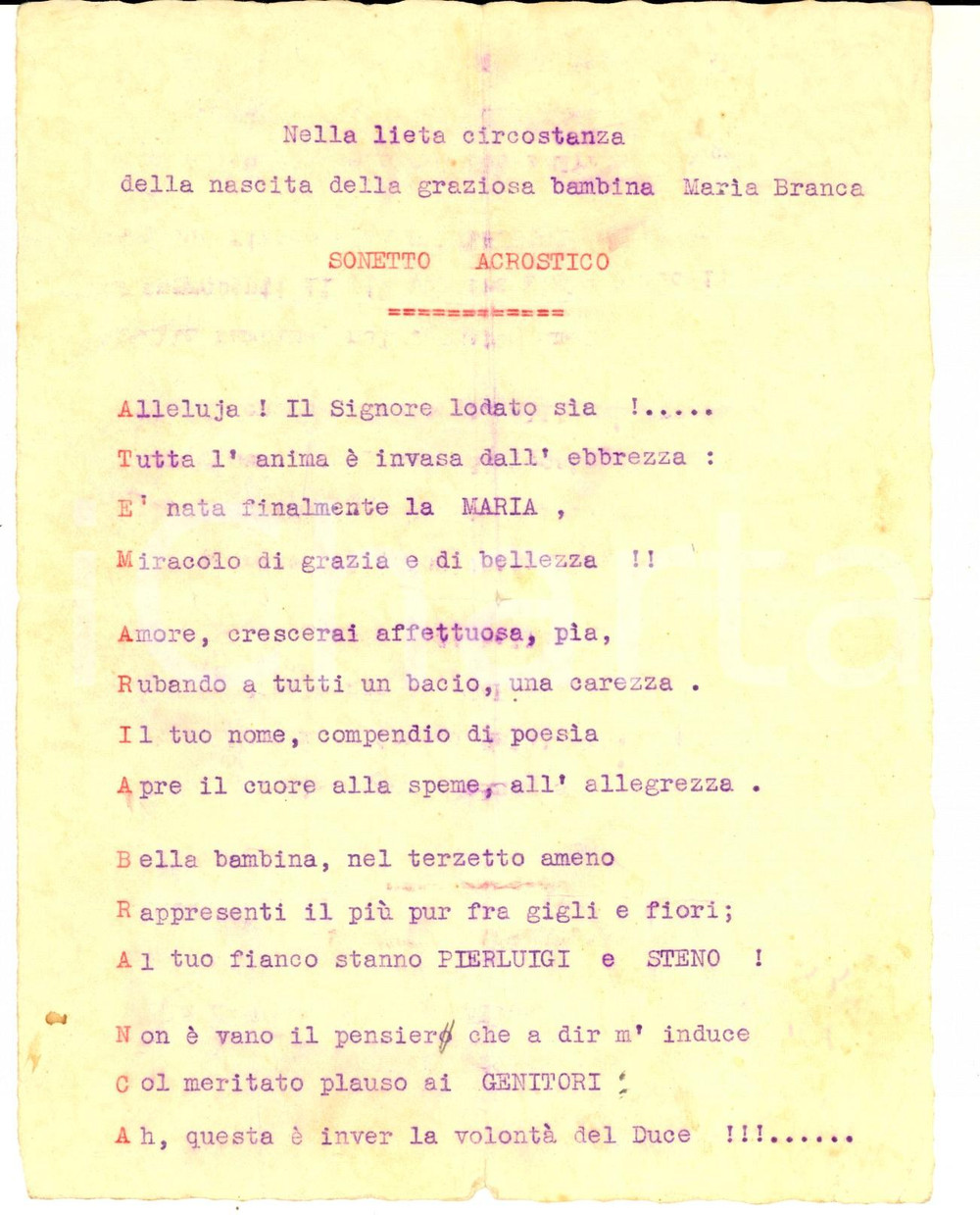 Documento originale, autentico 1929 MILANO Fratelli BRANCA  Sonetto acrostico per nascita di Maria BRANCA 1
