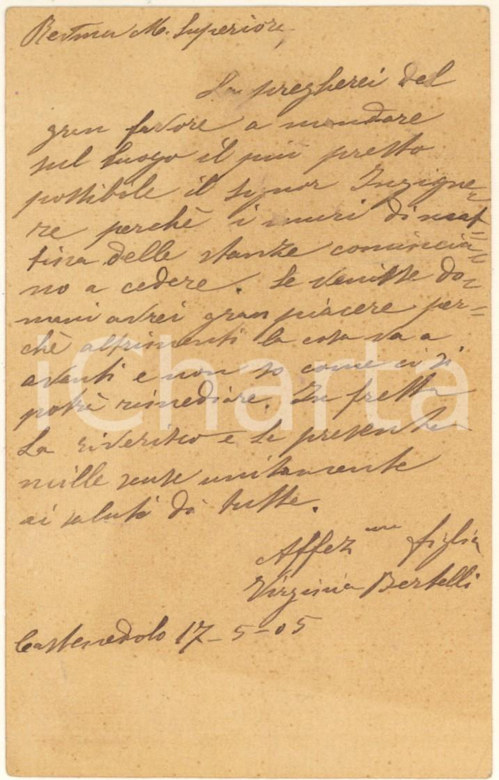 1905 CASTENEDOLO Madre Virginia BERTELLI chiede invio di un ingegnere *Autografo Cartolina postale interamente autografa, viaggiata.La religiosa chiede l'invio di un ingegnere, presumibilmente per lavori urgenti.  POOR/danneggiato evidenti piegature al lato sinistro; brunitura al verso FORMATO: 9x14 cm originale e autentica 1
