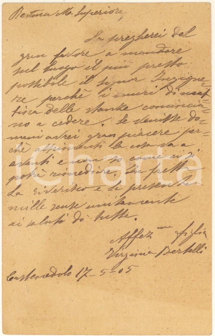 Autografo originale 1905 CASTENEDOLO Madre Virginia BERTELLI chiede invio di un ingegnere Autografo 1