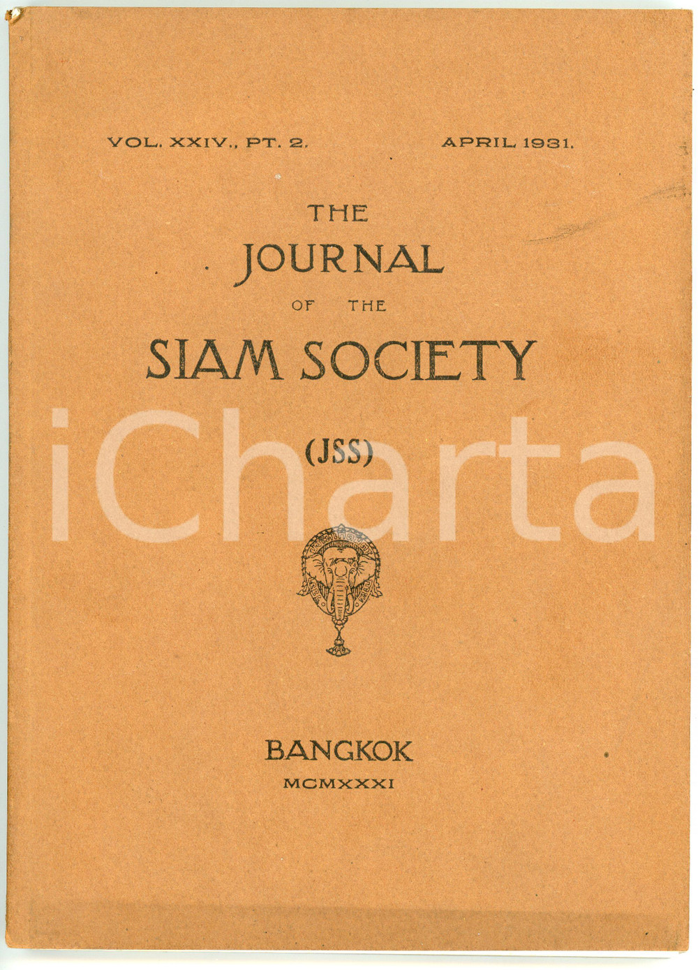 1931 BANGKOK - JSS Journal of Siam Society - Vol. XXIV pt. 2 Pubblicazione d'epoca. PAGINE: 114 POOR/danneggiato Macchie diffuse, gualciture e piegature in copertina, piccoli fori in quarta di copertina FORMATO: 17x24 cm originale e autentica 1