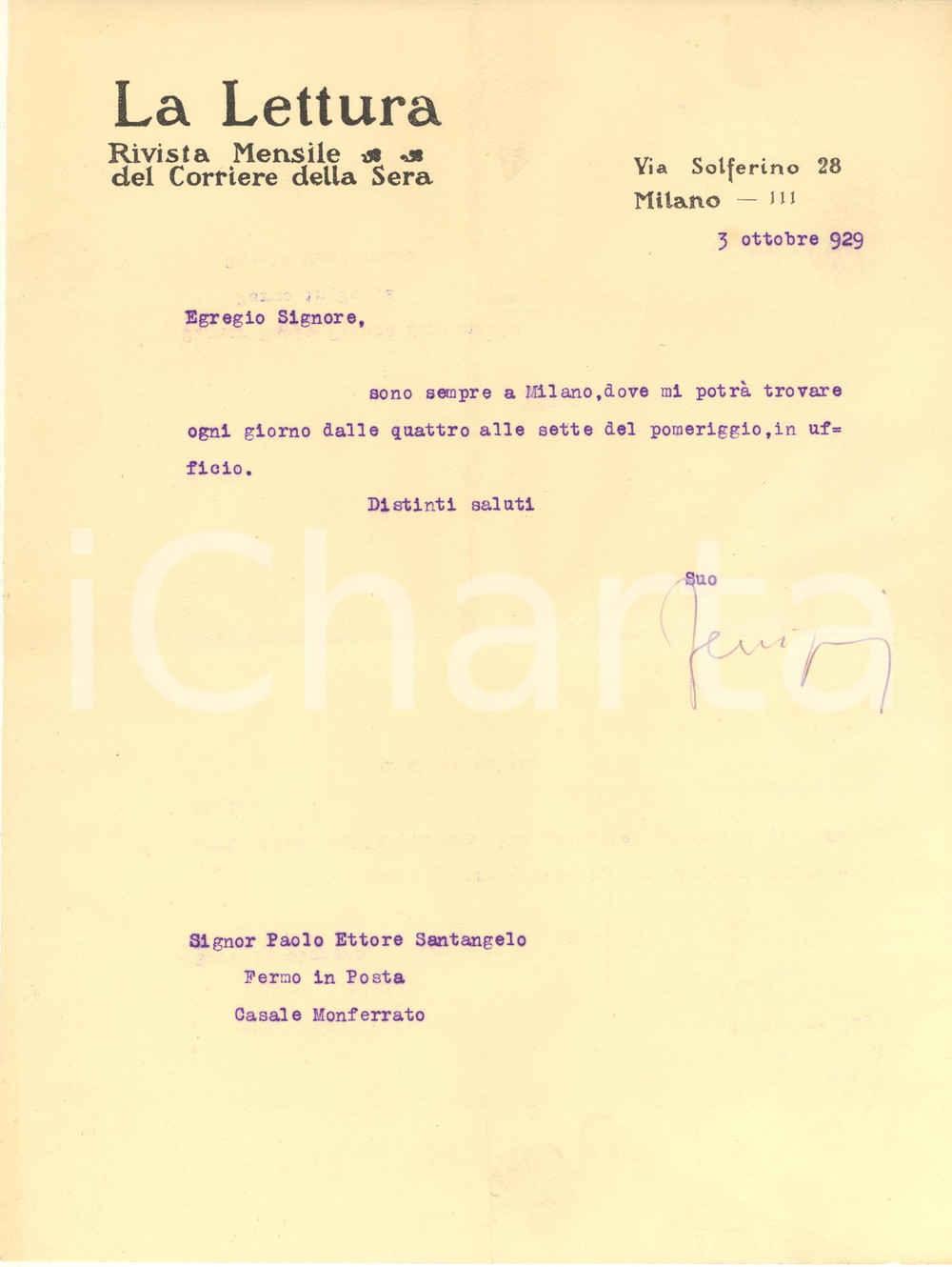 Autografo originale 1929 LA LETTURA Lettera Mario FERRIGNI per appuntamento Autografo 1