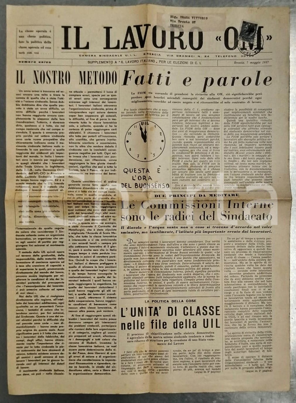 1957 BRESCIA - UIL Il lavoro OM Supplemento a LAVORO ITALIANO per elezioni C.I. Pubblicazione d'epoca. PAGINE: 6 FAIR/discreto piegature centrali d'epoca, bruniture diffuse FORMATO: 32x44 cm originale e autentica 1
