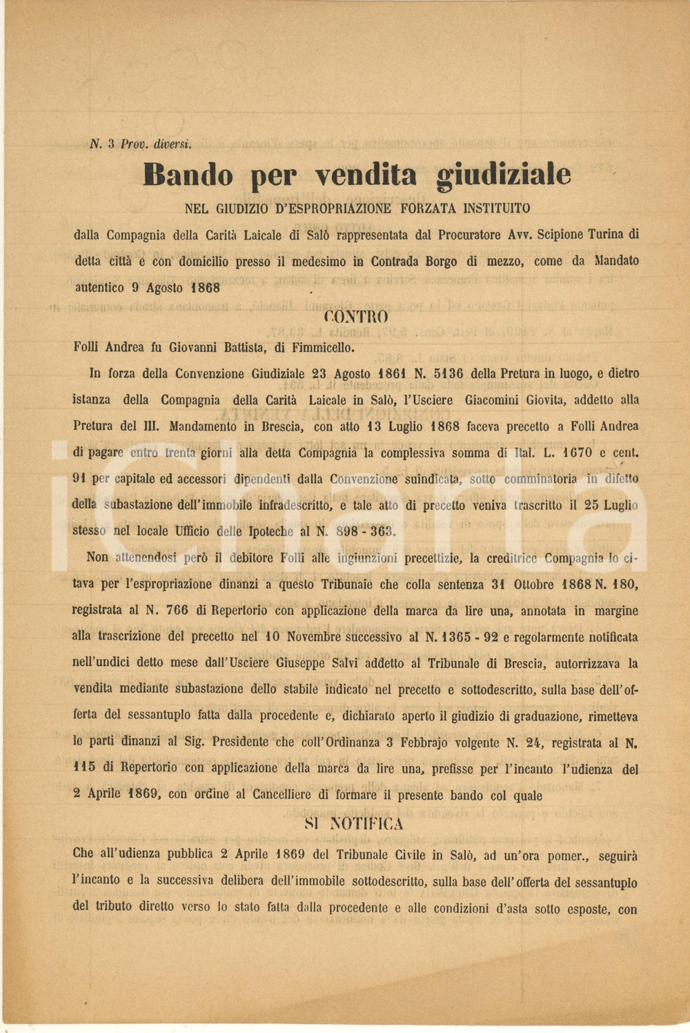 1869 MUSCOLINE (BS) Bando per vendita giudiziale - Terra in Contrada PROMO Documento a stampa, originale d'epoca, contenente il bando per vendita giudiziale di una terra oggetto di controversia, contro il debitore Andrea Folli.  PAGINE: 4 (1 bianca) FAIR/discreto piegature d'epoca FORMATO: 21x31 cm originale e autentica 1