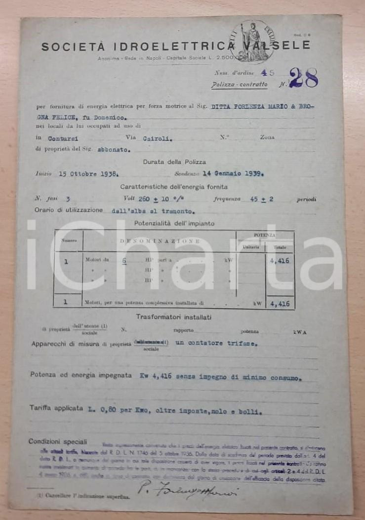 Documento originale, autentico 1938 SOCIETÀ IDROELETTRICA VALSELE Contratto fornitura ditta Forlenzi  CONTURSI 1