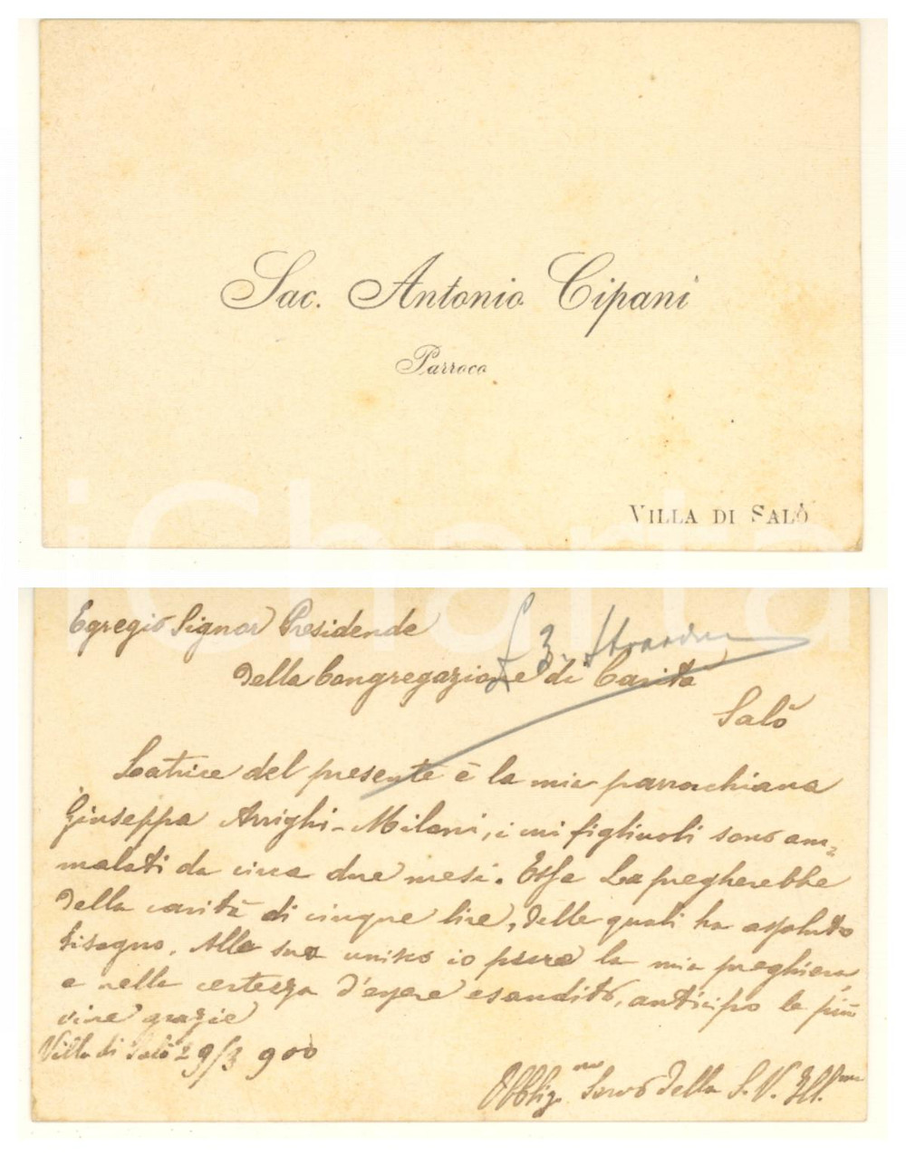 Autografo originale 1900 VILLA DI SALO  BS Don Antonio CIPANI  Biglietto da visita autografo 1