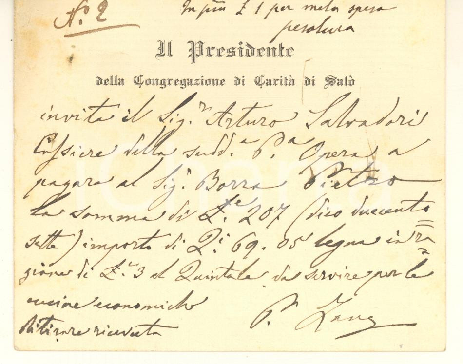 Oggetto da collezione cartaceo 1903 SALO  Congregazione di Carità  Biglietto autografo Presidente 1