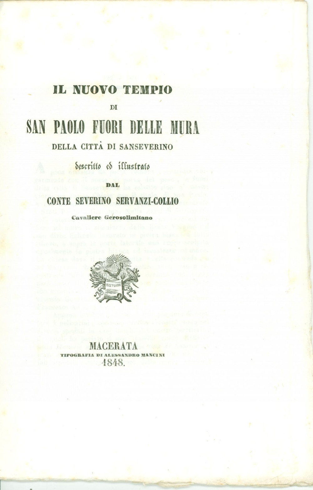 Libro, pubblicazione d'epoca 1848 SAN SEVERINO (MC) Severino SERVANZI-COLLIO Tempio SAN PAOLO FUORI LE MURA 2 1