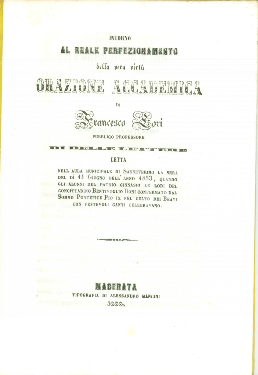 Oggetto da collezione cartaceo 1858 SAN SEVERINO MARCHE Francesco LORI Perfezionamento della vera virtù 1 1