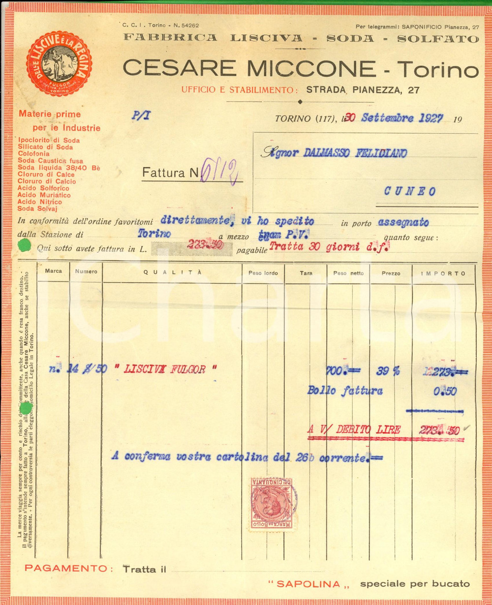 Documento originale, autentico 1927 TORINO Ditta Cesare MICCONE Fabbrica lisciva FULGOR Fattura intestata 1