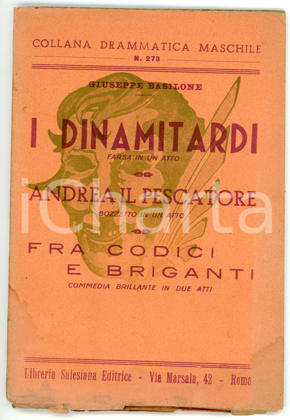 1946 Giuseppe BASILONE Tre spettacoli teatrali - Libreria salesiana editrice Pubblicazione d'epoca con pagine intonse.Il volume raccoglie gli spettacoli: "I dinamitardi - Farsa in un atto""Andrea il pescatore - Bozzetto in un atto""Fra codici e briganti - Commedia brillante in due atti"EDITORE: Libreria salesiana editrice - RomaCOLLANA: Collana drammatica maschile n. 273 PAGINE: 54 VERY POOR/gravemente danneggiato Esteso alone al margine inferiore della copertina e delle pagine, piegature gli angoli della copertina, ingialliture FORMATO: 12x17 cm originale e autentica 1