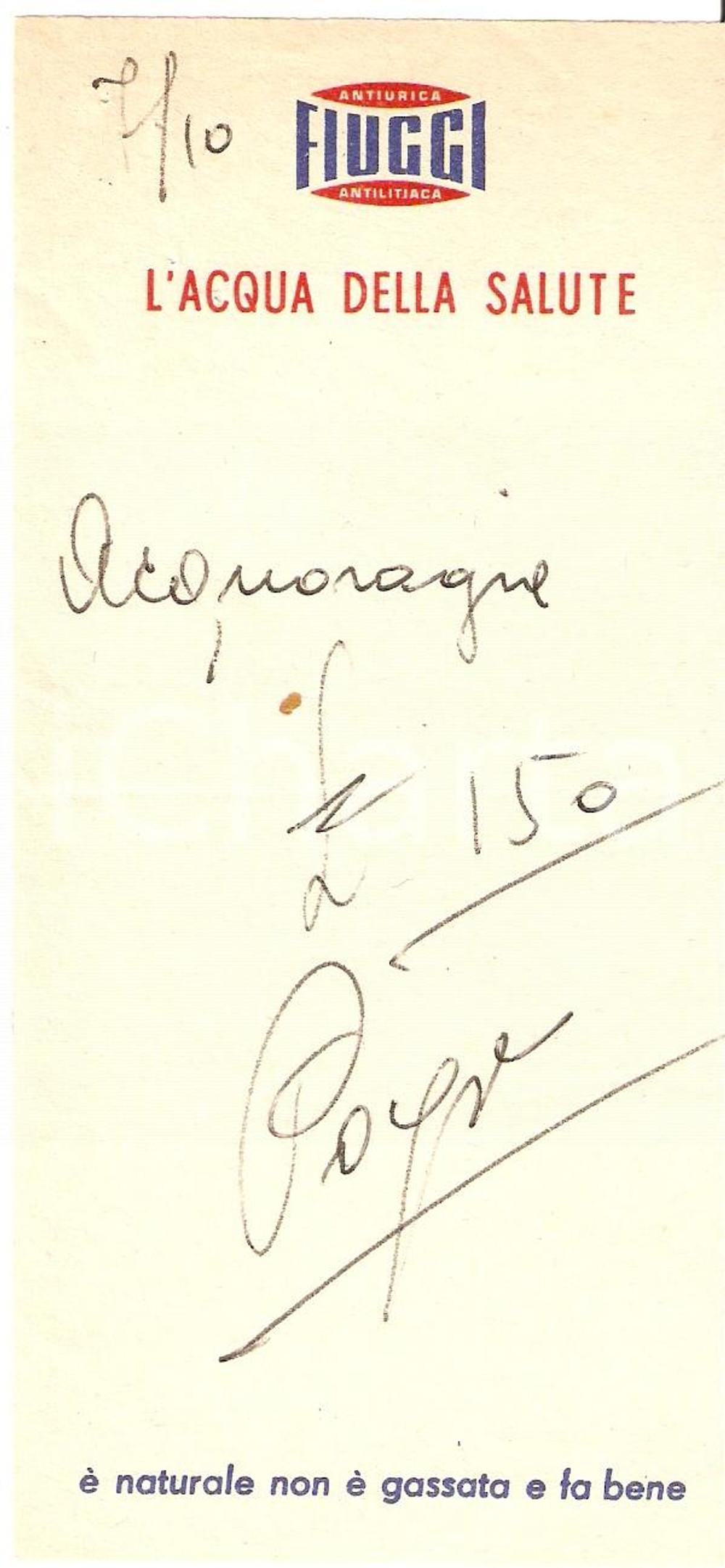 Materiale pubblicitario d’epoca 1965 ca FIUGGI Acqua della salute Antiurica Antilitiaca *Ricevuta 8x16 cm 1