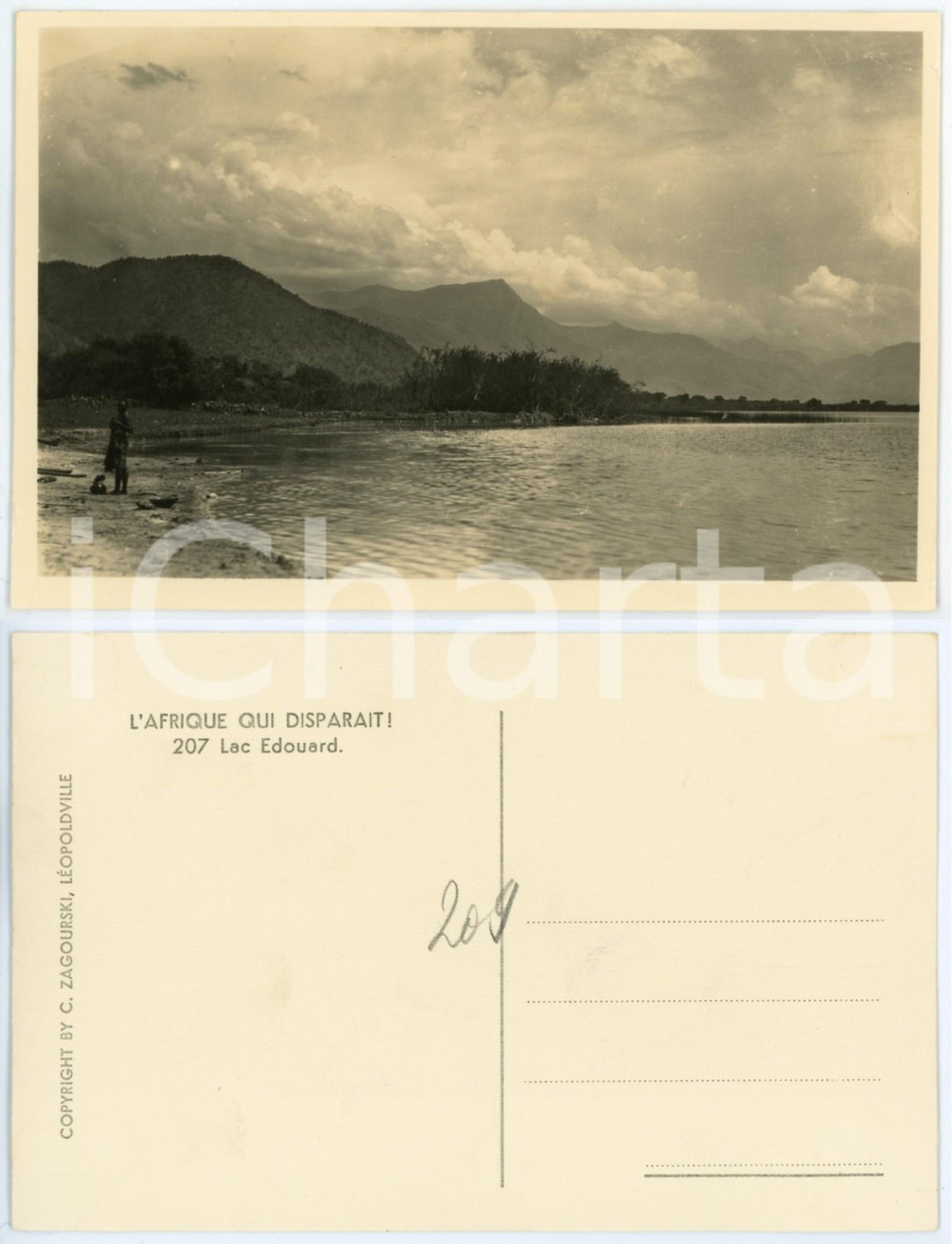 Cartolina originale da collezione 1930 ca C. ZAGOURSKI «L Afrique qui disparaît» Lac EDOUARD  Postcard n.207 1