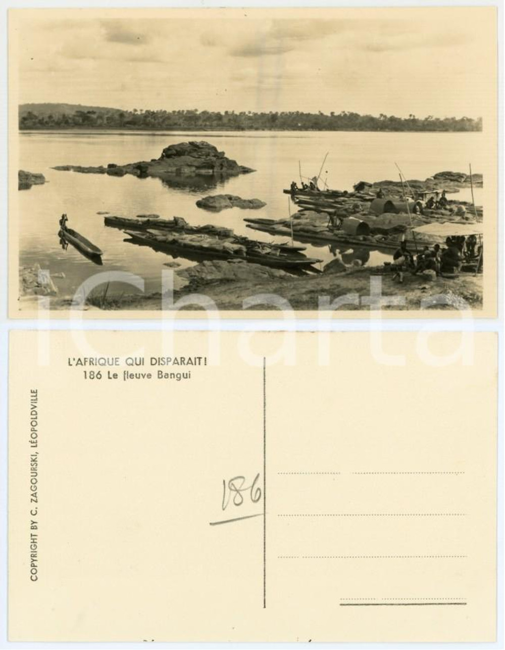 Cartolina originale da collezione 1930 C. ZAGOURSKI «L Afrique qui disparaît» Le fleuve BANGUI Postcard n.186 1