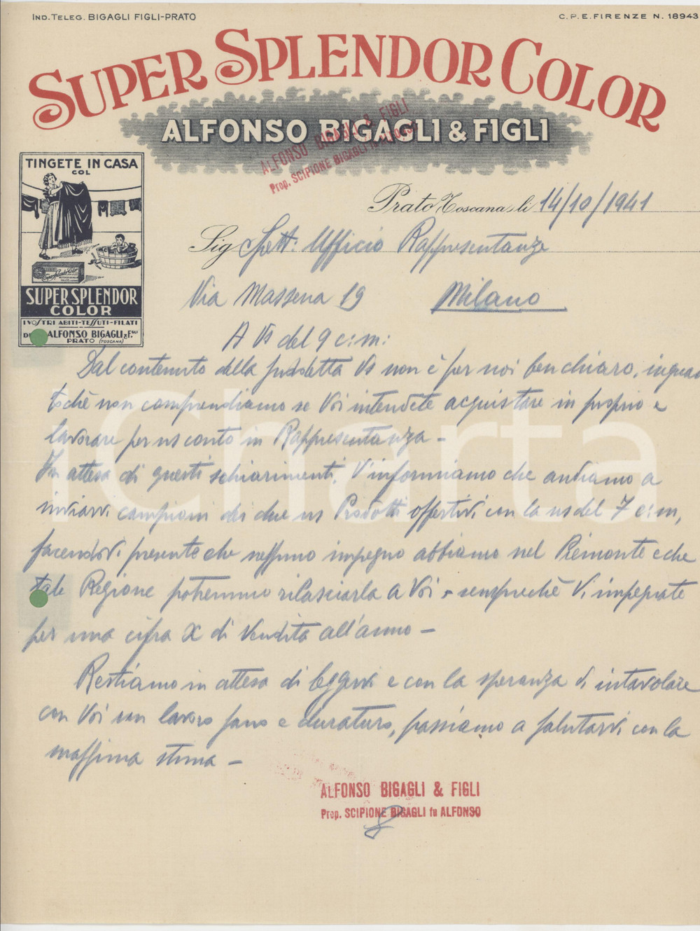 1941 PRATO Alfonso BIGAGLI & Figli Super Splendor Color - Lettera commerciale Lettera manoscritta, originale d'epoca, su carta intestata.PAGINE: 1  FAIR/discreto piegature d'epoca; fori da classificatore  originale e autentica 1