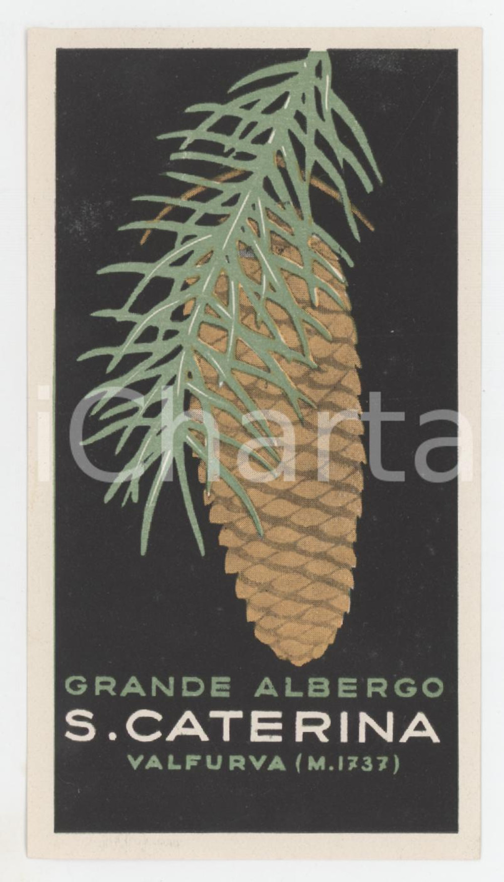 Materiale pubblicitario d’epoca 1930 ca VALFURVA Grande Albergo Santa Caterina  Etichetta ILLUSTRATA 6x11 cm 1