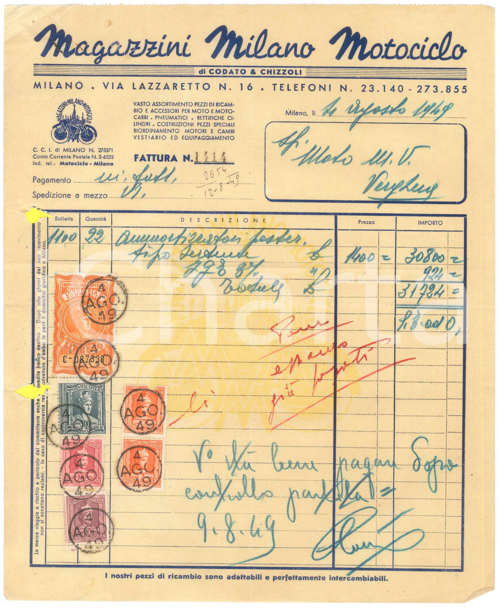 1949 MILANO Via Lazzaretto 16 - MAGAZZINI MILANO MOTOCICLO Fattura Fattura originale d'epoca, manoscritta, su carta intestata.PAGINE: 1  FAIR/discreto piegature d'epoca; fori da classificatore  originale e autentica 1
