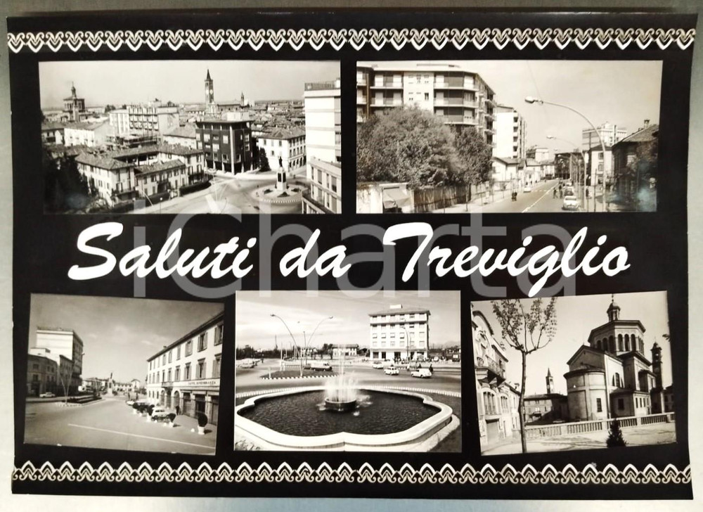 1955 ca TREVIGLIO Vedutine e Caffè Rimembranza - Bozzetto preparatorio cartolina Bozzetto preparatorio per cartolina postale.Collage su cartoncino flessibile.  FAIR/discreto Lievi smussature ai margini, residui di incollatura al verso FORMATO: 44x32 cm originale e autentica 1