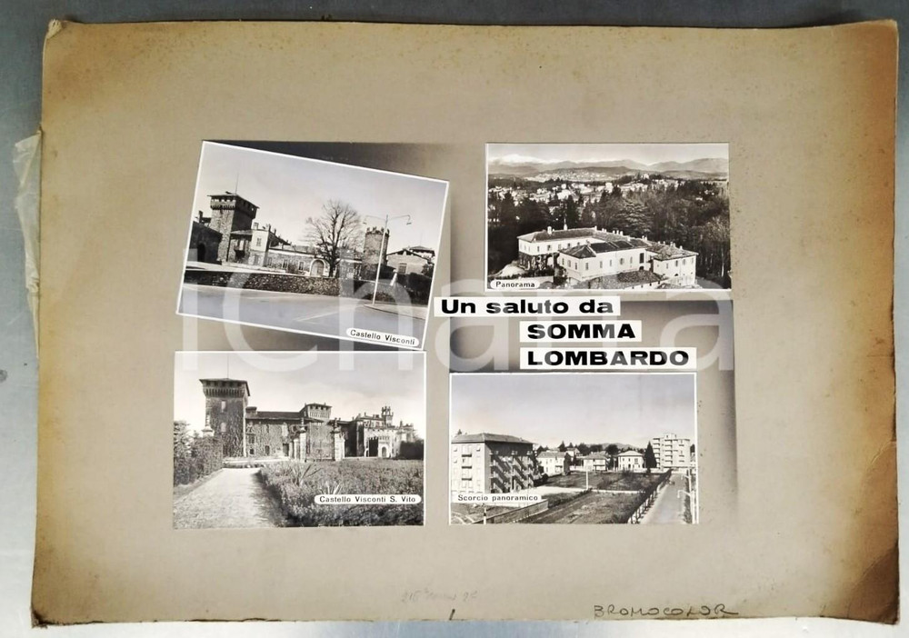 1960ca SOMMA LOMBARDO Castello VISCONTI SAN VITO Bozzetto preparatorio cartolina Bozzetto preparatorio per cartolina postale.Collage su cartoncino flessibile.  FAIR/discreto Smussature e piegature agli angoli, bruniture diffuse FORMATO: 50x35 cm originale e autentica 1