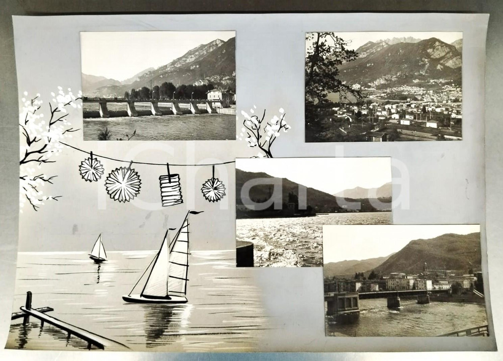 1960 ca OLGINATE Vedutine con la diga - Bozzetto preparatorio cartolina Bozzetto preparatorio per cartolina postale, con parti disegnate a mano.Collage su cartoncino flessibile.  FAIR/discreto Smussature e piegature agli angoli, bruniture diffuse FORMATO: 50x35 cm originale e autentica 1