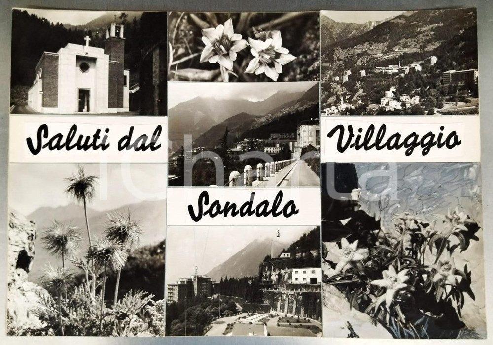 1960 ca SONDALO Vedutine e Villaggio sanatoriale Bozzetto preparatorio cartolina Bozzetto preparatorio per cartolina postale.Collage su cartoncino flessibile.  FAIR/discreto Smussature agli angoli FORMATO: 45x32 cm originale e autentica 1