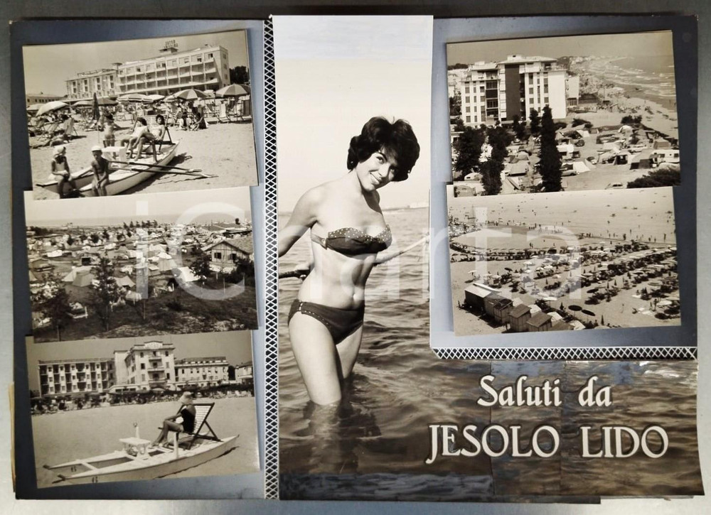 Stampa, bozzetto originale 1960 ca LIDO DI JESOLO Pinup con vedutine  Bozzetto preparatorio cartolina 1