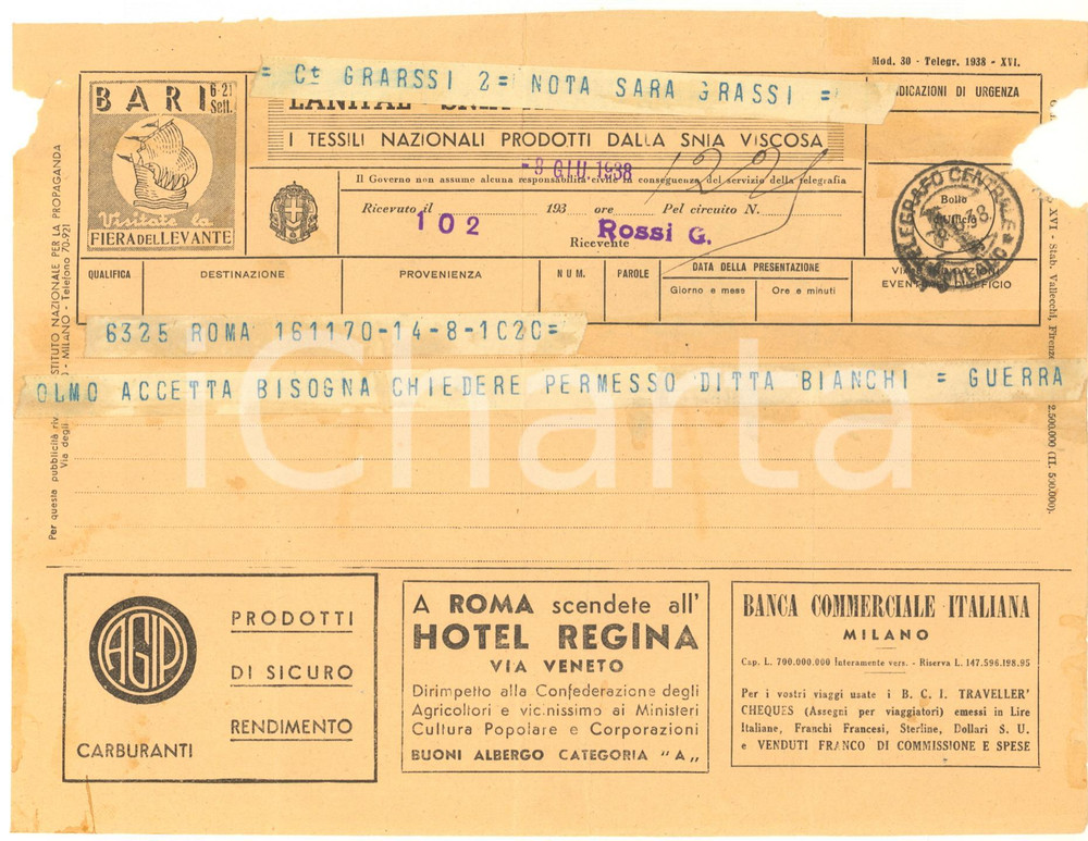 Autografo originale 1938 CICLISMO ROMA  Telegramma Learco GUERRA per gara con Giuseppe OLMO 1