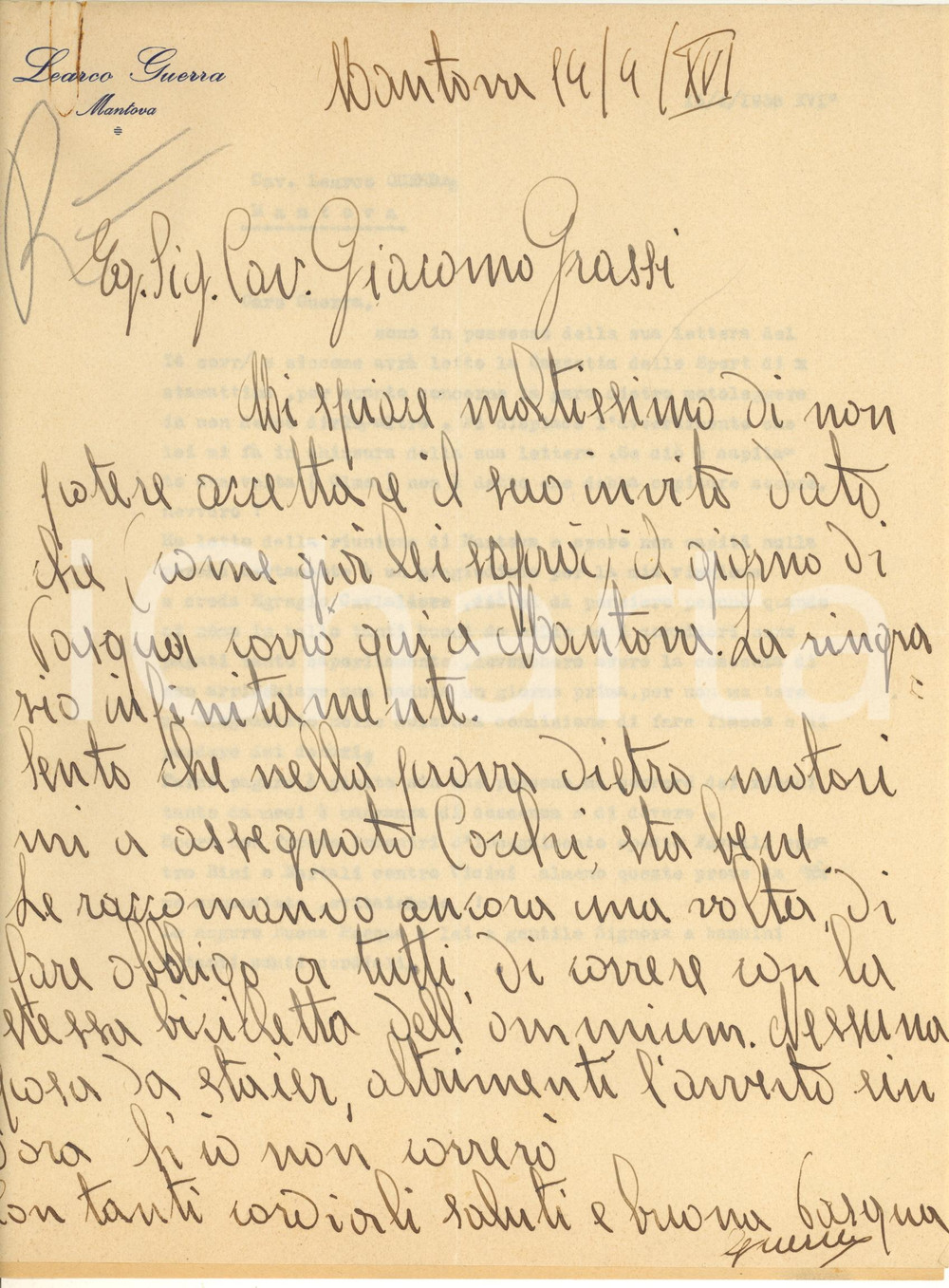 Autografo originale 1938 CICLISMO MANTOVA Lettera Learco GUERRA per gara contro motori AUTOGRAFO 1