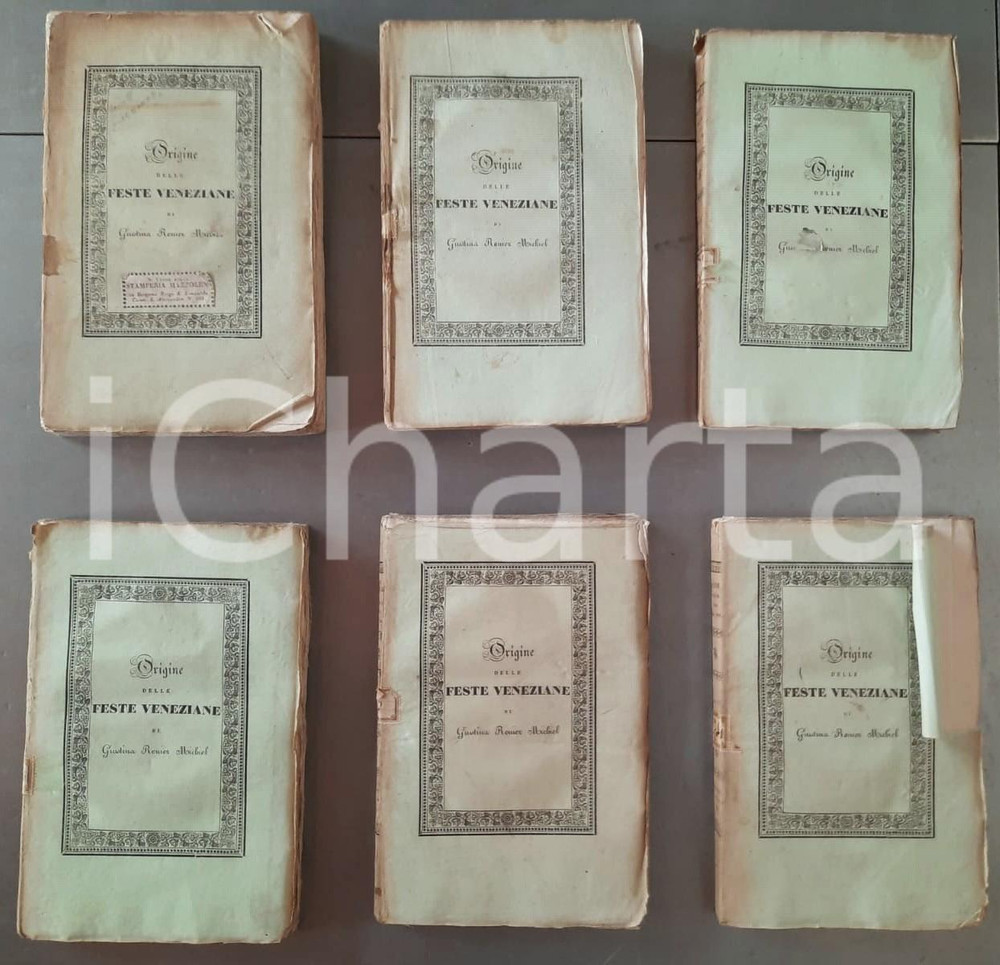 1829 Giustina RENIER MICHIEL Origine delle feste veneziane *6 voll. Pubblicazione originale d'epoca, in 6 volumi, copertine flessibili.EDITORE: Milano - Editori degli annali universali delle scienze e dell'industria PAGINE: 208 + 144 + 216 + 222 + 229 + 212CONDIZIONI:POOR/danneggiato buone condizioni interne complessive, ma macchie marginali alla prime e ultime pagine, abrasioni ai piatti, brunitura al dorso, con mancanze a tutti i volumi, piegature in copertinaFORMATO: 15x23 cm originale e autentica 1