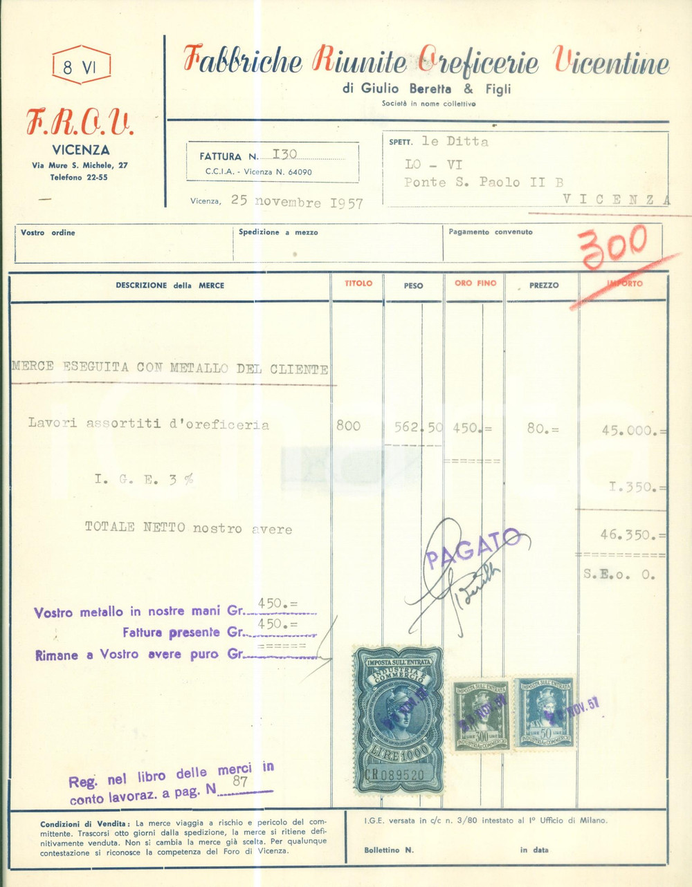 Documento originale, autentico 1957 VICENZA Fabbriche Riunite Oreficerie Vicentine Giulio BERETTA Fattura 4 1