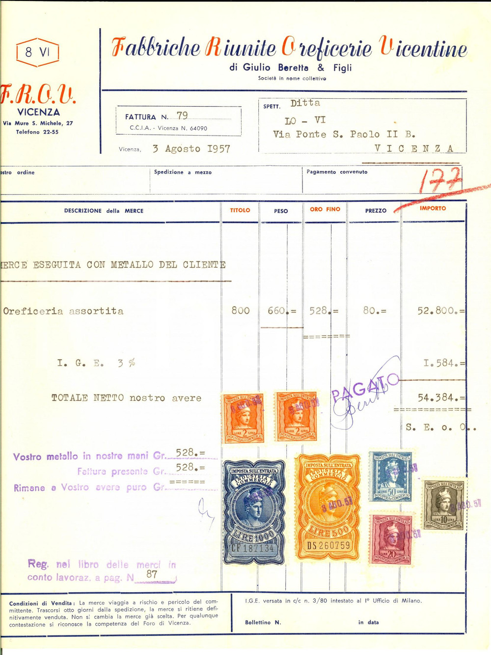 Documento originale, autentico 1957 VICENZA Fabbriche Riunite Oreficerie Vicentine Giulio BERETTA Fattura 1 1
