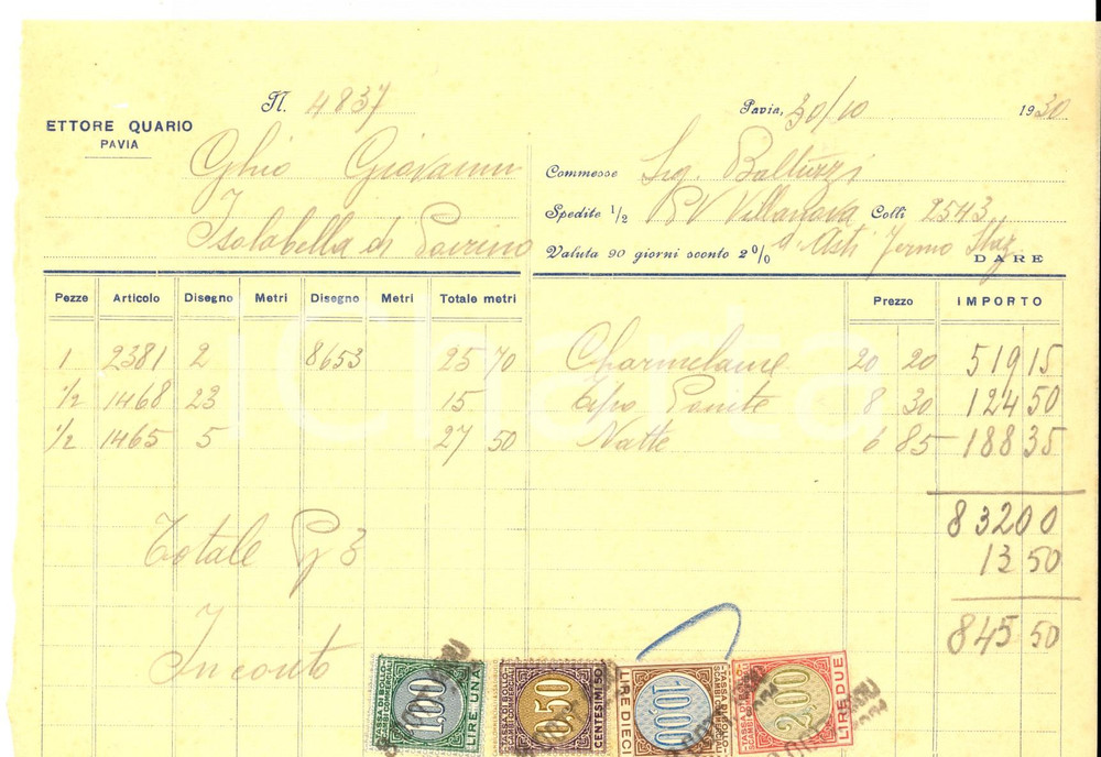 Documento originale, autentico 1930 PAVIA Ditta Ettore QUARIO stoffe  Commessa con bolli 1 1