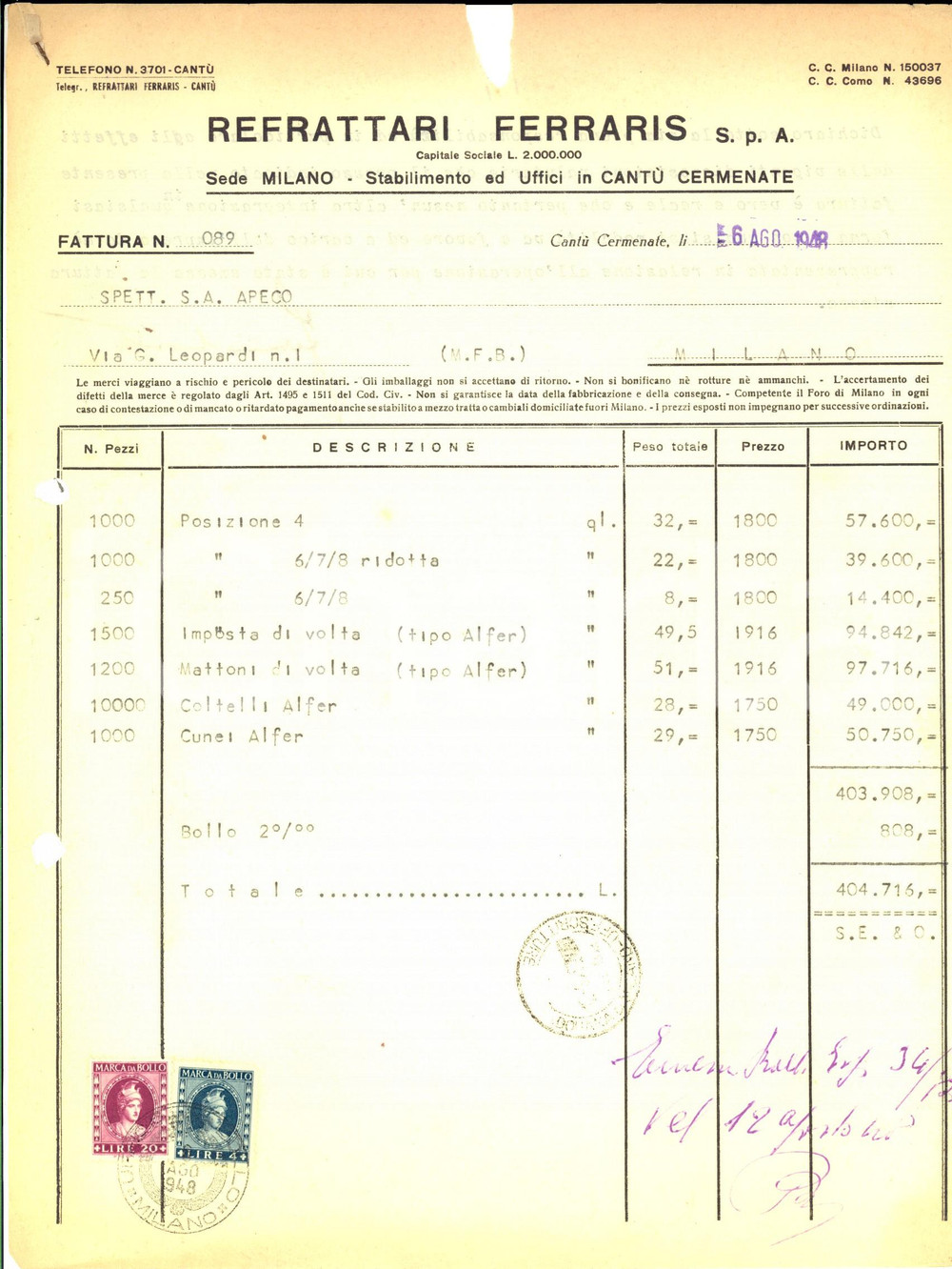 Documento originale, autentico 1948 CANTU  CERMENATE Ditta Refrattari FERRARIS Fattura intestata con bolli 2 1