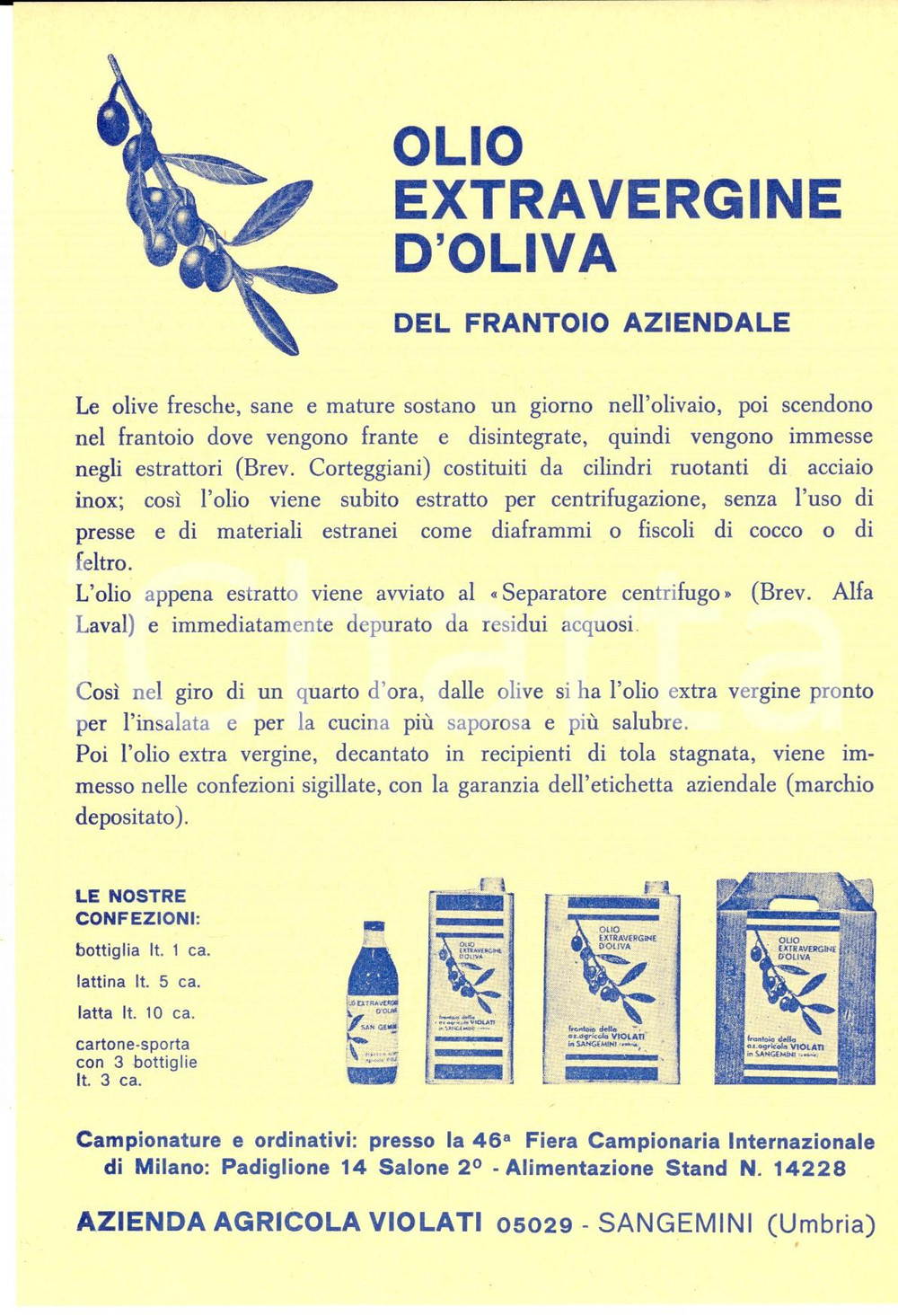 Materiale pubblicitario d’epoca 1968 SANGEMINI Olio extravergine VIOLATI  46 Fiera di Milano Volantino 1