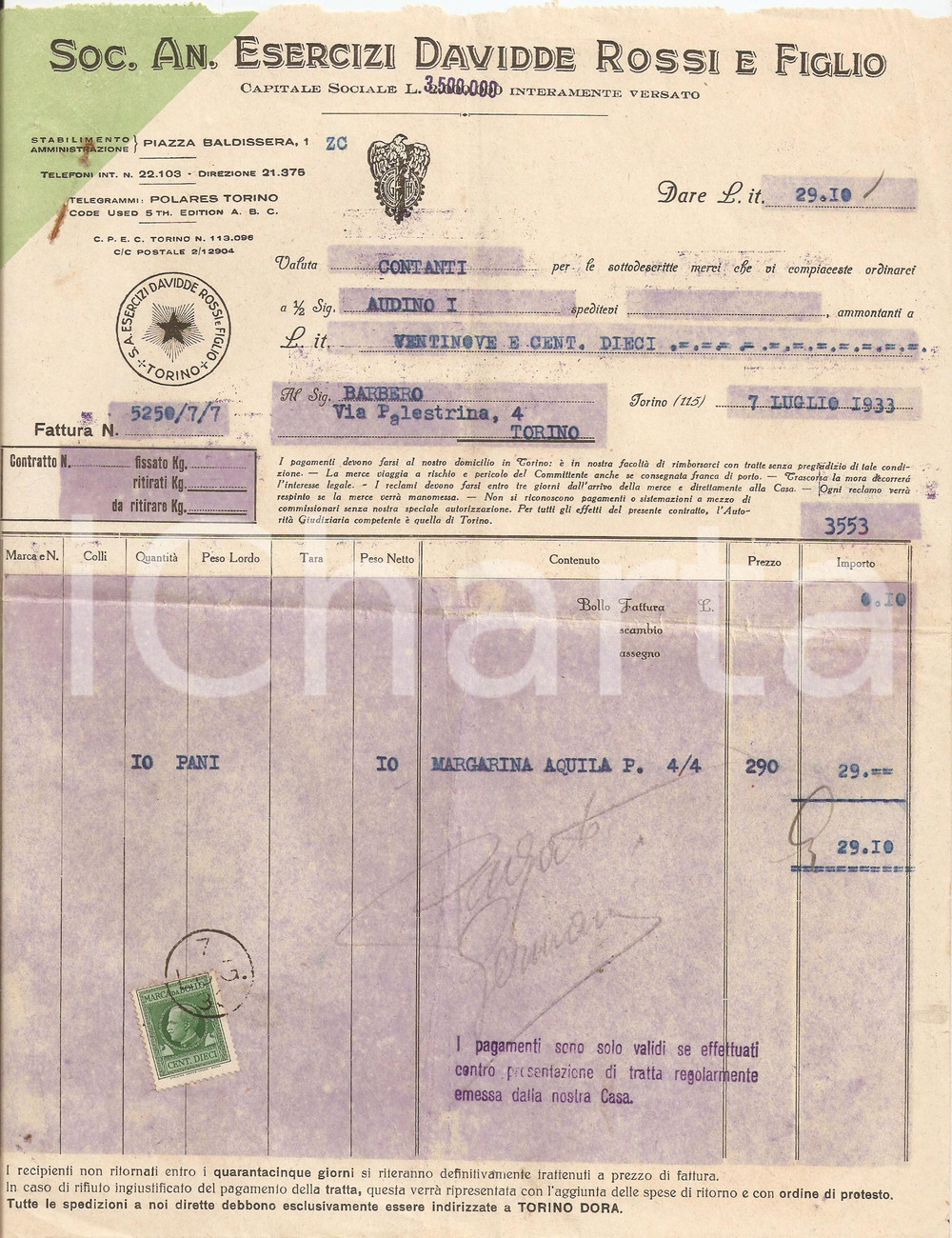 Documento originale, autentico 1933 TORINO Soc. An. Davidde ROSSI e Figlio Vendita MARGARINA AQUILA *Fattura 1