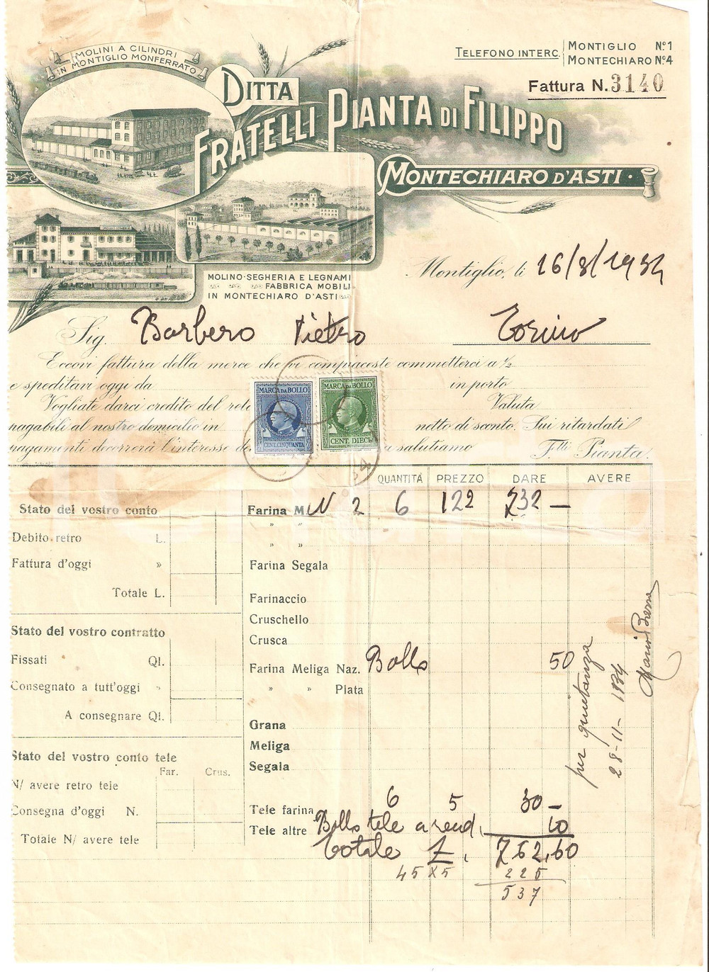 Documento originale, autentico 1934 MONTECHIARO D ASTI Fratelli PIANTA Vendita farina e macinati Fattura 2 1