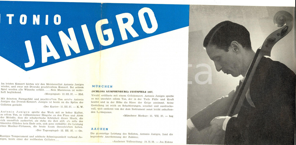 Materiale pubblicitario d’epoca 1957 Antonio JANIGRO violoncellista Manifesto pubblicitario 45 x 34 cm 1