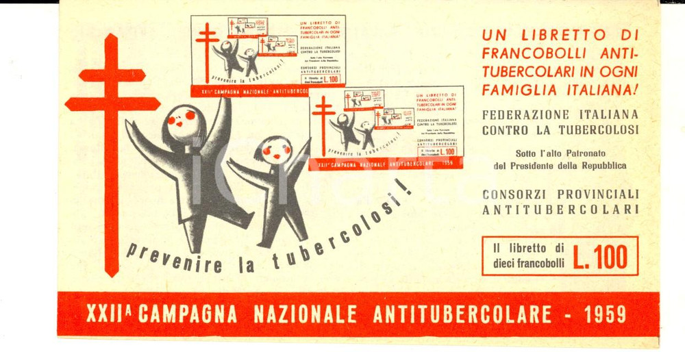 Documento originale, autentico 1959 XXII Campagna Nazionale ANTITUBERCOLARE Libretto 10 francobolli 3 1