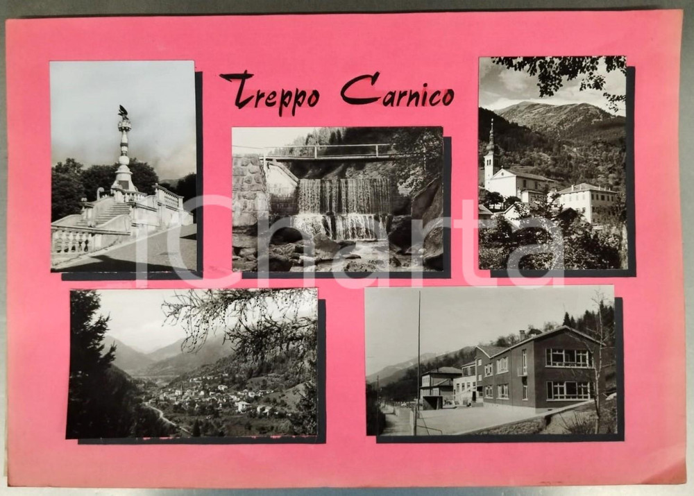 1955 ca TREPPO CARNICO Vedutine della frazione - Bozzetto preparatorio cartolina Bozzetto preparatorio per cartolina postale con velina di protezione.Collage su cartoncino flessibile.  FAIR/discreto Lievi smussature agli angoli FORMATO: 45x32 cm originale e autentica 1