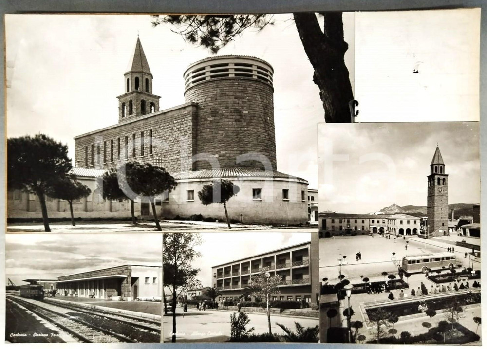 Stampa, bozzetto originale 1955 ca CARBONIA Vedutine e chiesa San Ponziano Bozzetto preparatorio cartolina 1