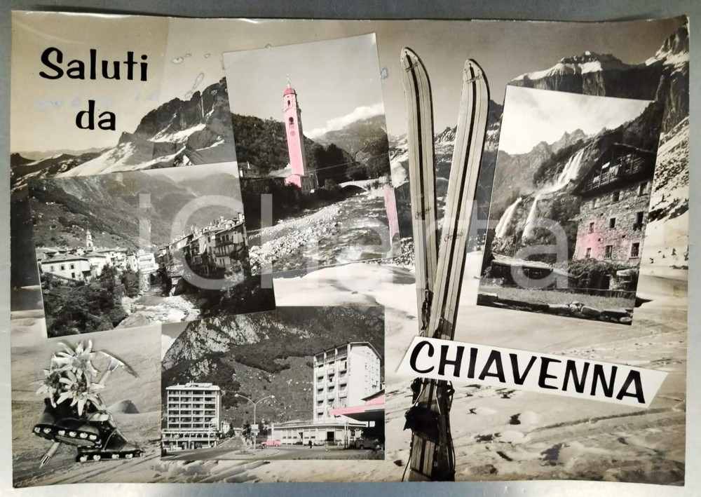 1960 ca CHIAVENNA Vedutine con Hotel Conradi - Bozzetto preparatorio cartolina Bozzetto preparatorio per cartolina postale.Collage su cartoncino flessibile.  POOR/danneggiato Lievi smussature agli angoli, residui di incollatura al margine destro FORMATO: 45x32 cm originale e autentica 1