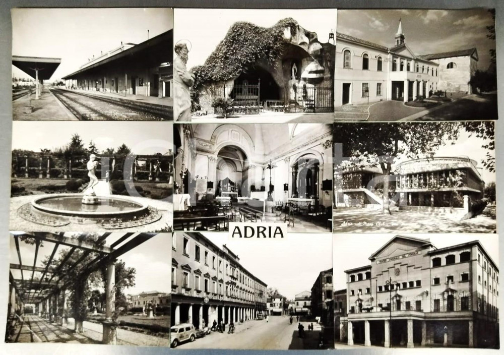 Stampa, bozzetto originale 1960 ca ADRIA Vedutine con stazione e teatro  Bozzetto preparatorio cartolina 1