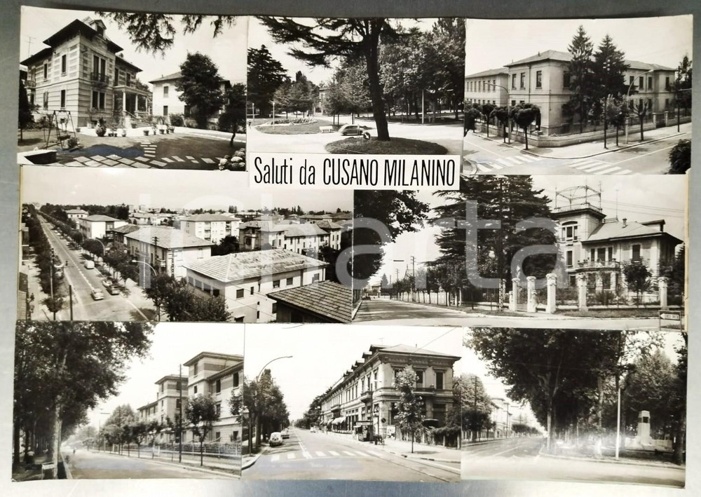 1960 ca CUSANO MILANINO Vedutine della città - Bozzetto preparatorio cartolina Bozzetto preparatorio per cartolina postale.Collage su cartoncino flessibile.  POOR/danneggiato Lievi smussature agli angoli, piegature FORMATO: 44x32 cm originale e autentica 1