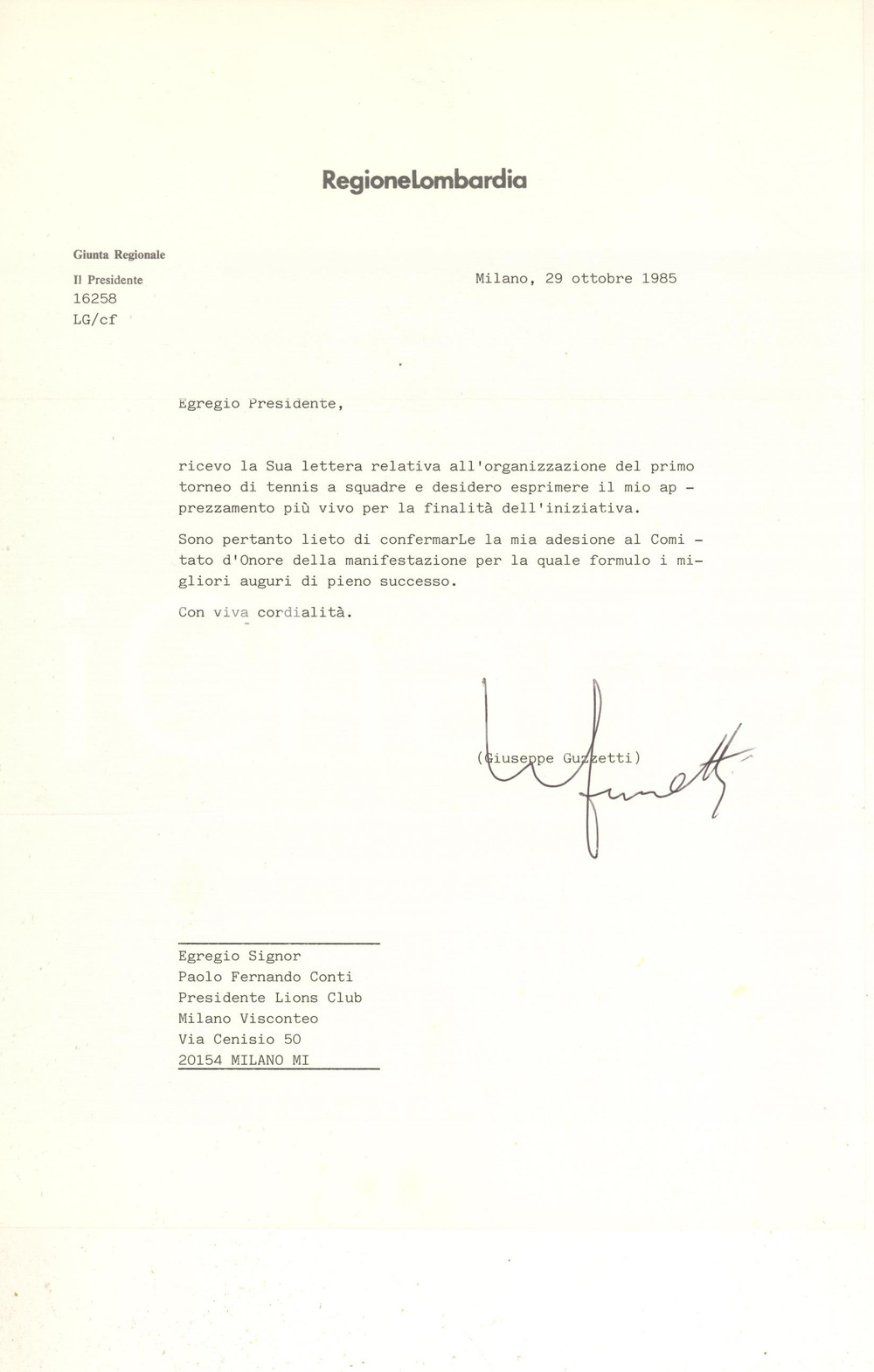 Autografo originale 1985 MILANO Regione Lombardia  Lettera Giuseppe GUZZETTI AUTOGRAFO 1