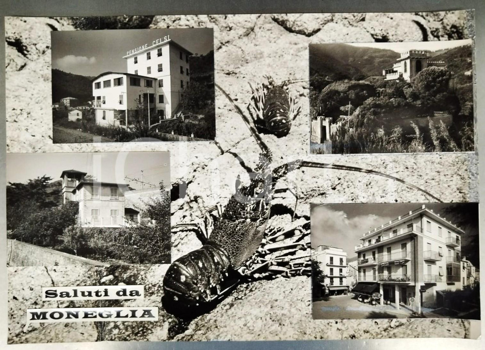 1960 ca MONEGLIA Vedutine con Pensione Celsi - Bozzetto preparatorio cartolina Bozzetto preparatorio per cartolina postale.Collage su cartoncino flessibile.  FAIR/discreto Lievi smussature agli angoli FORMATO: 42x30 cm originale e autentica 1