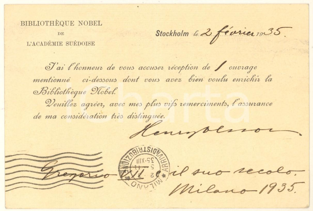 Autografo originale 1935 STOCKHOLM Bibliothèque Nobel  Cartolina Henry OLSSON AUTOGRAFO 1